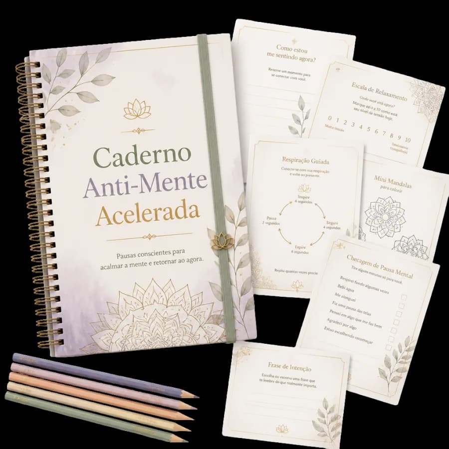 Mockup do Caderno Anti-Mente Acelerada com páginas de exercícios e lápis de cor