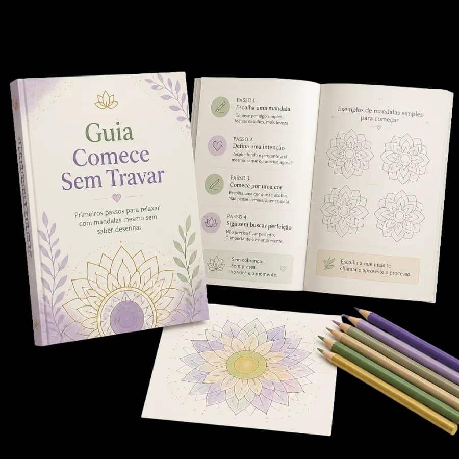 Mockup do Guia Comece Sem Travar com mandalas e lápis de cor