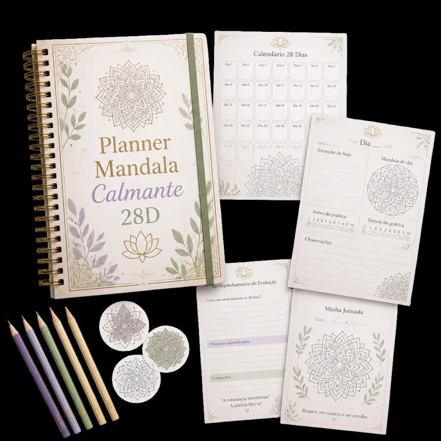 Mockup do Planner Mandala Calmante 28D com calendário e páginas de acompanhamento