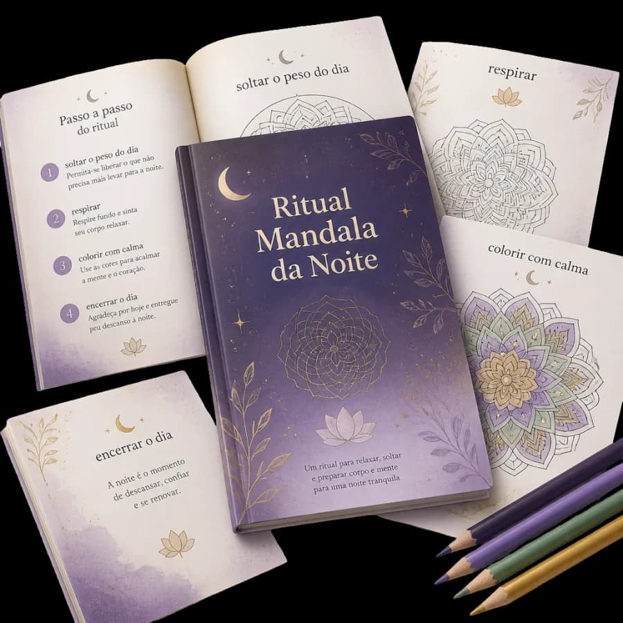 Mockup do Ritual Mandala da Noite com páginas guiadas e lápis de cor