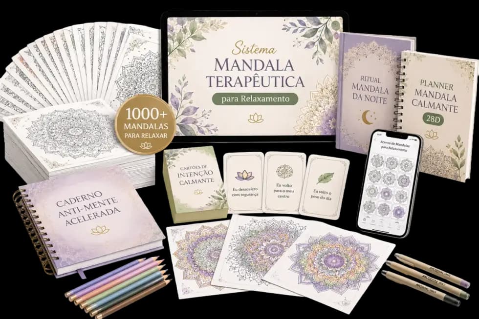 Sistema Mandala Terapêutica para Relaxamento com mandalas, planner, celular, caderno e lápis de cor