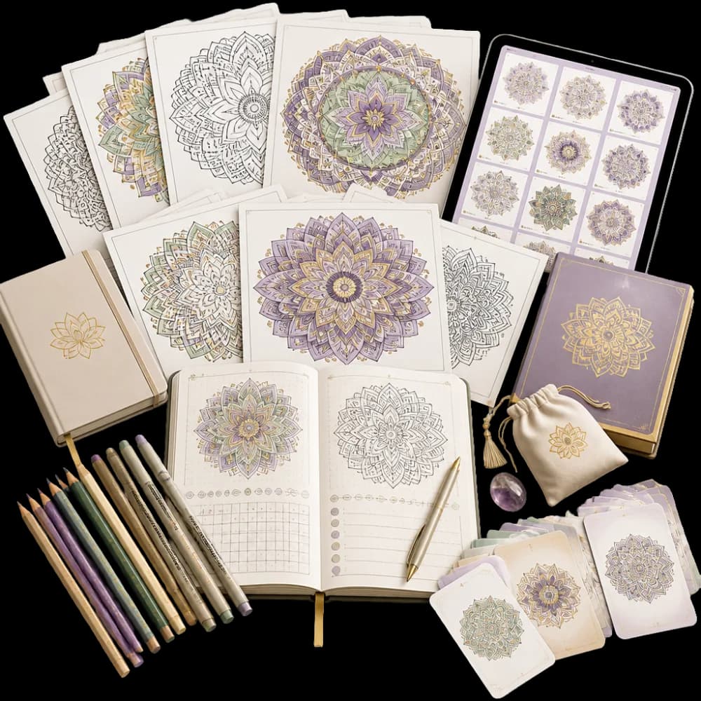 Materiais do Ritual Mandala Terapêutica com mandalas, tablet, caderno, lápis e cartões