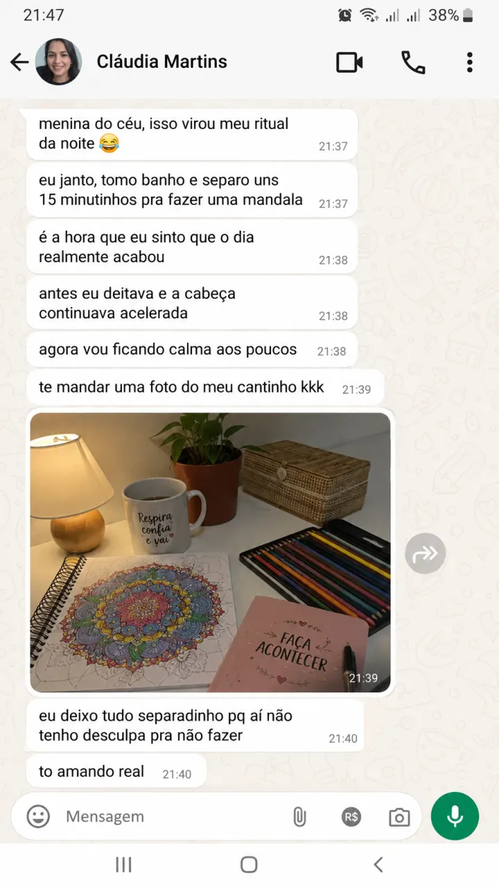 Print de conversa com depoimento de Claudia Martins