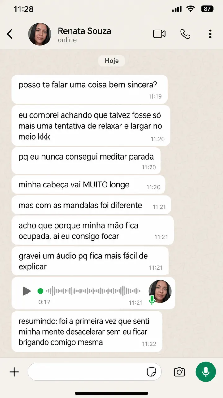Print de conversa com depoimento de Renata Souza